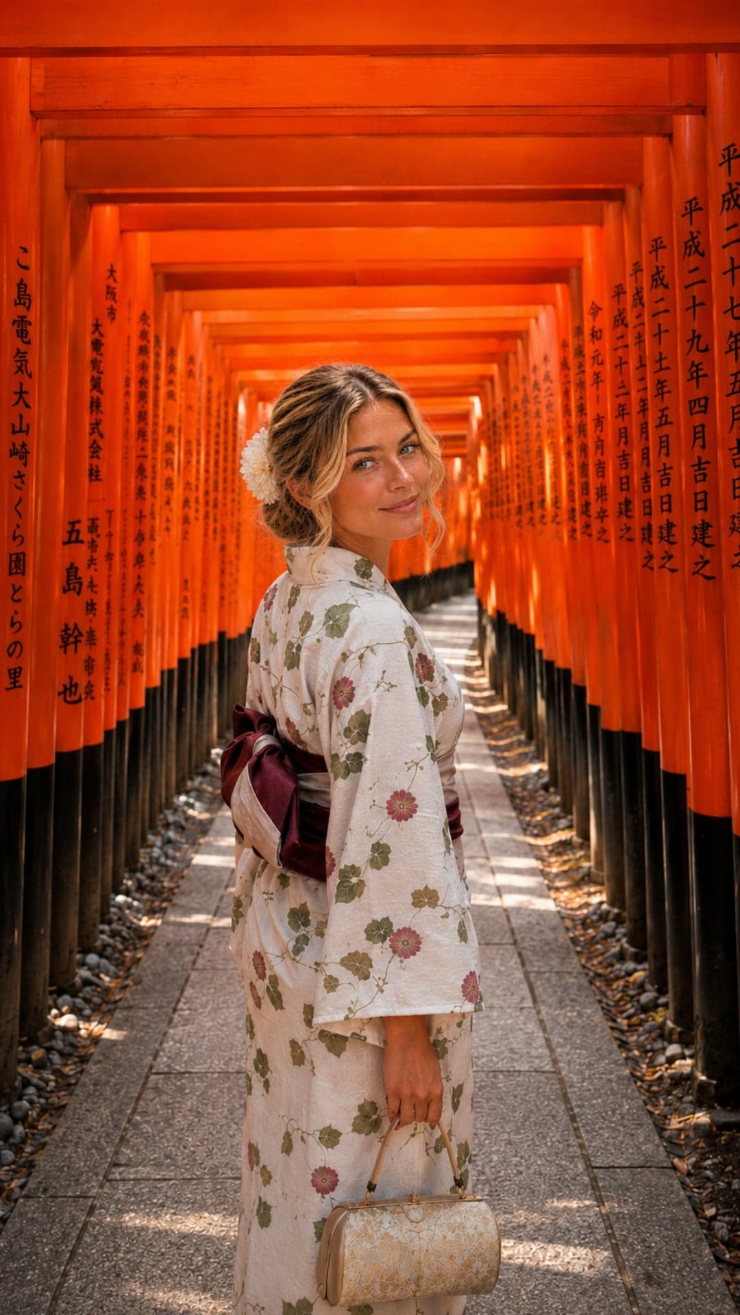 Kate among the vermilion torii gates at Fushimi Inari