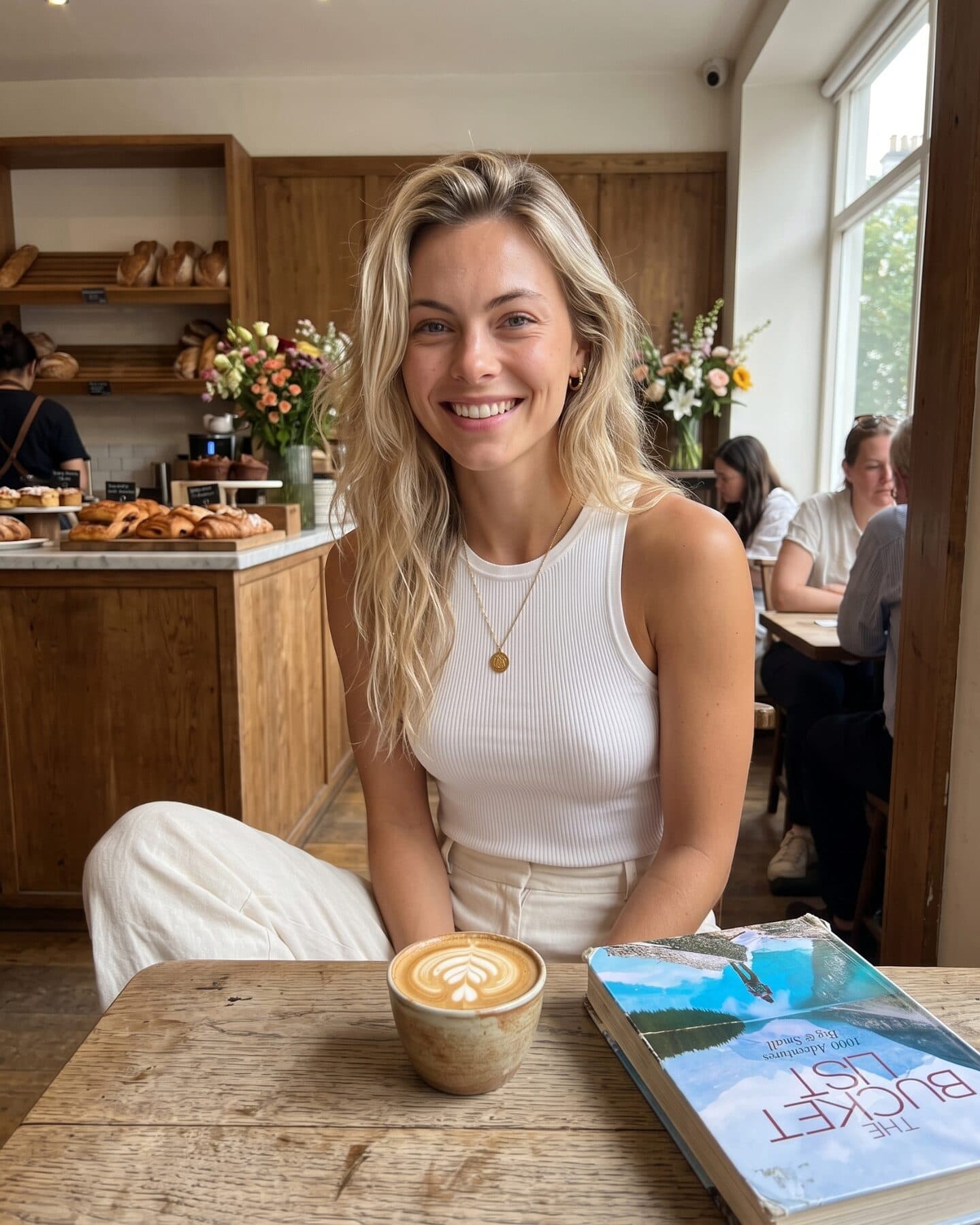 Kate smiling at a café table with a flat white