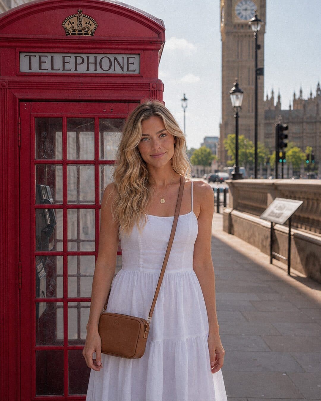 Kate beside a red telephone box near Westminster