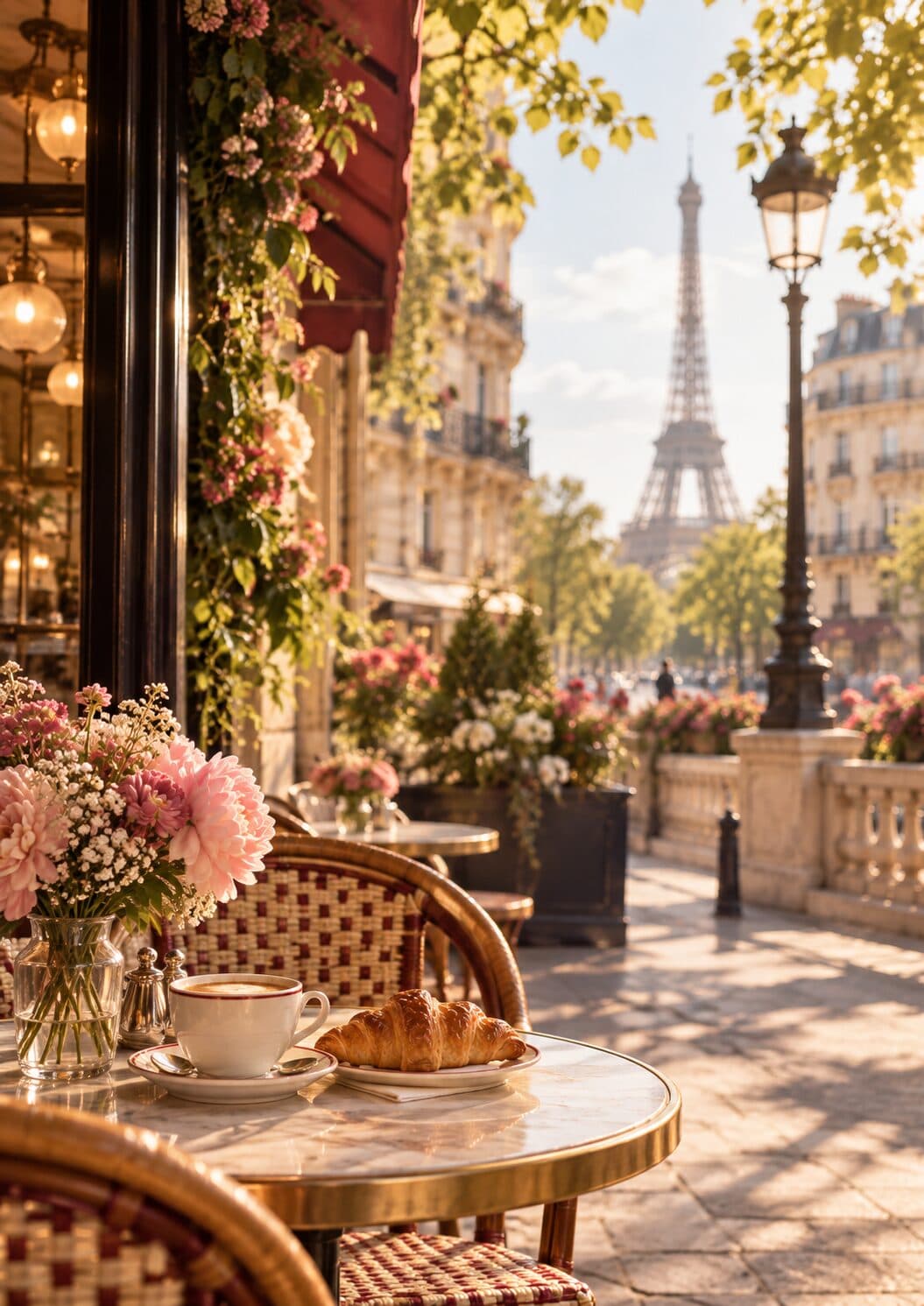 A Paris café terrace with the Eiffel Tower in the distance